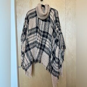 Plaid Knit Poncho with Cowl Neck